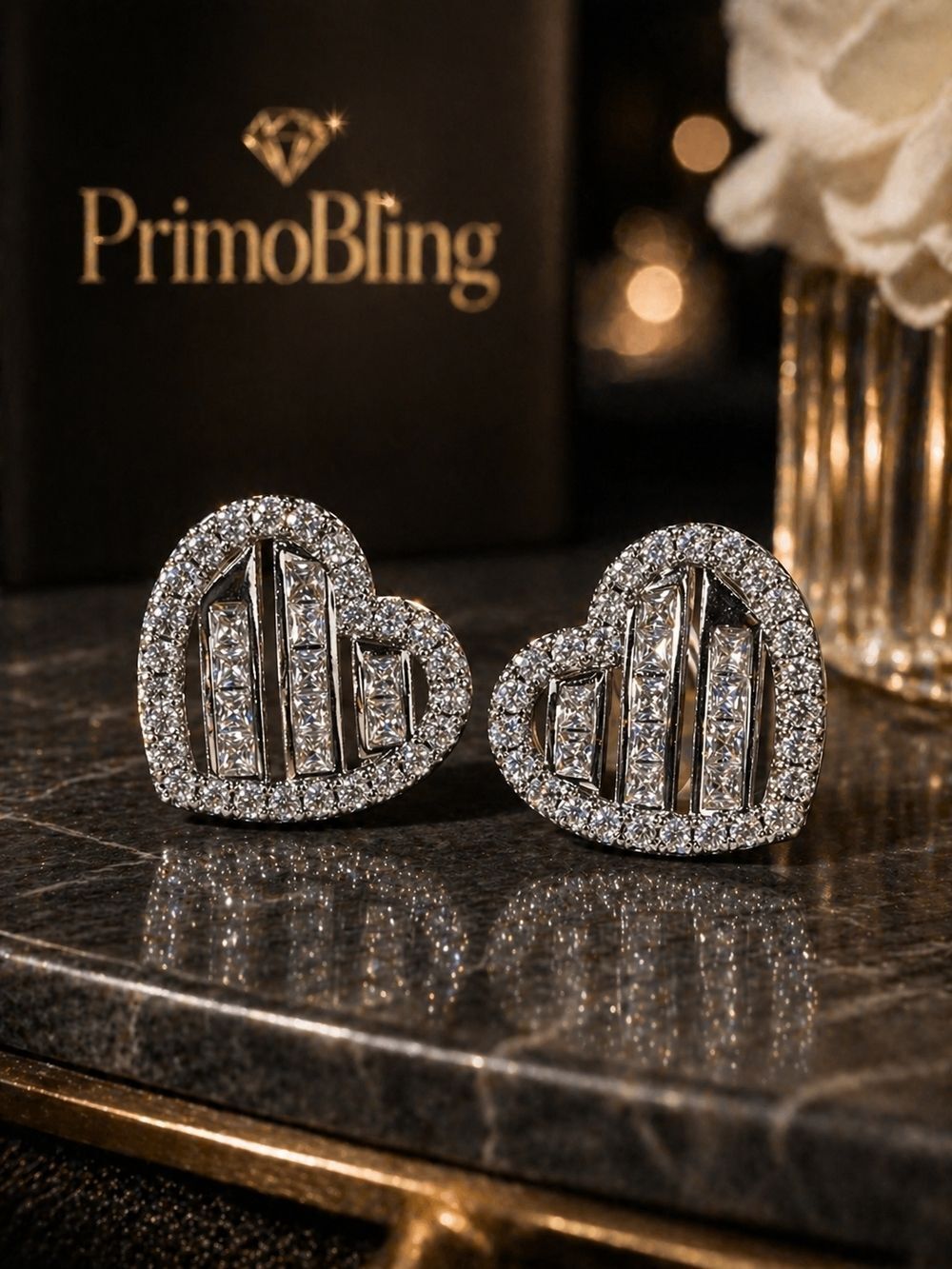 Silver Heart Halo Baguette Pavé Stud Earrings
